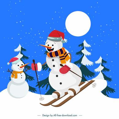 xmas background cartoon stylized skiing snowman sketch
