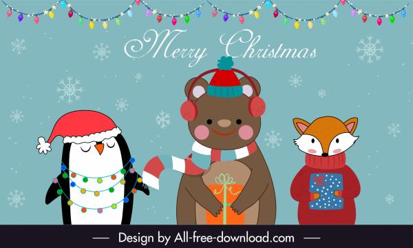 xmas banner template cute stylized animal cartoon characters