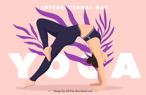 yoga day banner stretching woman leaf sketch