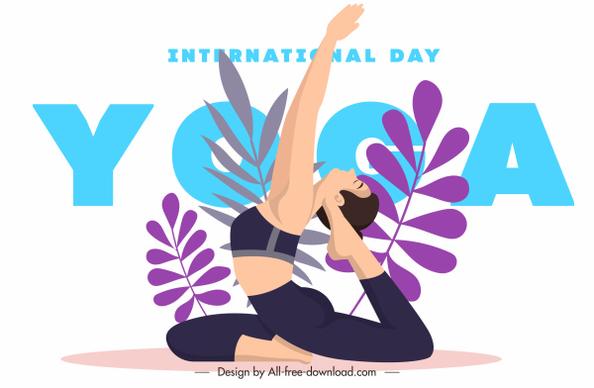 yoga day poster exercising lady sketch leaves decor