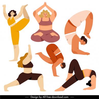 yoga gestures icons stretching balance sketch cartoon characters