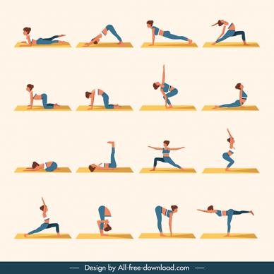 yoga icons women exercising gestures sketch