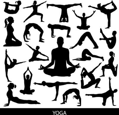 yoga practice icons exercising gestures sketch black silhouettes