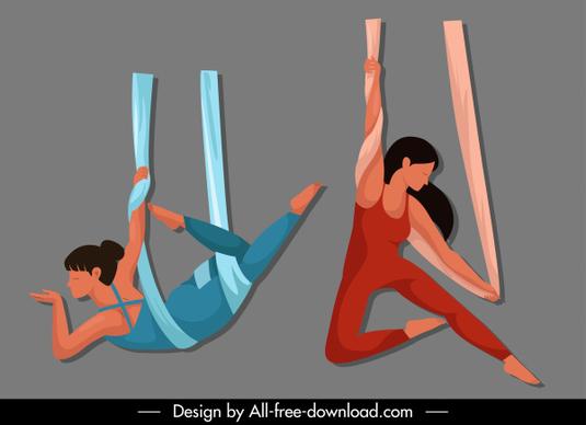 yoga sports icons dynamic cartoon sketch