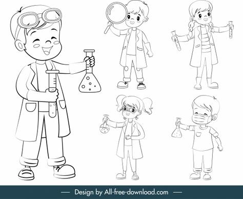 young scientist icons cute joyful kids cartoon characters