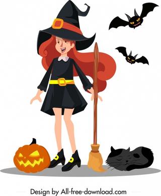 young witch icon cute girl sketch cartoon character