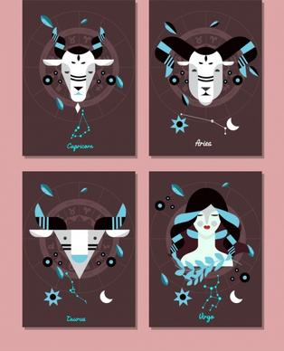 zodiac background sets capricorn aries taurus virgo icons