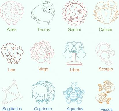 zodiac signs sets colored hand drawn sketch