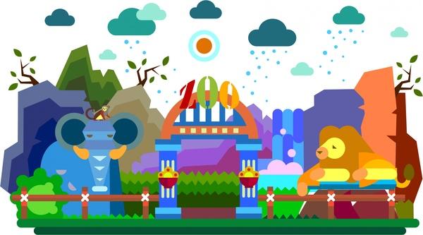 zoo painting illustration with animals and colorful style